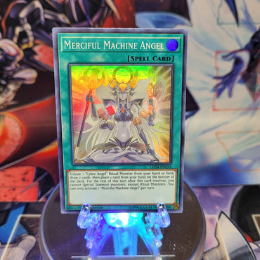  A Super Rare "Merciful Machine Angel" card from the Yugioh Set: Legendary Duelists: Sisters of the Rose.