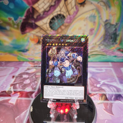 A Platinum Secret Rare "Mermail Abyssgaios" card from the Yugioh Set: Quarter Century Stampede (RA04).