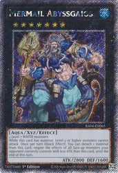 A Platinum Secret Rare "Mermail Abyssgaios" card from the Yugioh Set: Quarter Century Stampede (RA04).