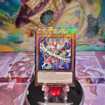 A Platinum Secret Rare "Mermail Abyssmegalo" card from the Yugioh Set: Quarter Century Stampede (RA04).