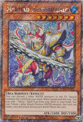 A Platinum Secret Rare "Mermail Abyssmegalo" card from the Yugioh Set: Quarter Century Stampede (RA04).