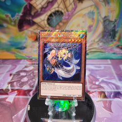 A Platinum Secret Rare "Mermail Abysspike" card from the Yugioh Set: Quarter Century Stampede (RA04).