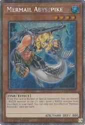 A Platinum Secret Rare "Mermail Abysspike" card from the Yugioh Set: Quarter Century Stampede (RA04).