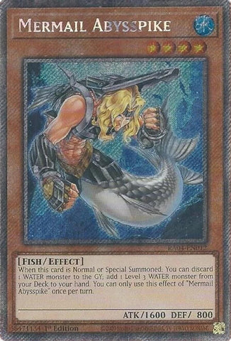 A Platinum Secret Rare "Mermail Abysspike" card from the Yugioh Set: Quarter Century Stampede (RA04).