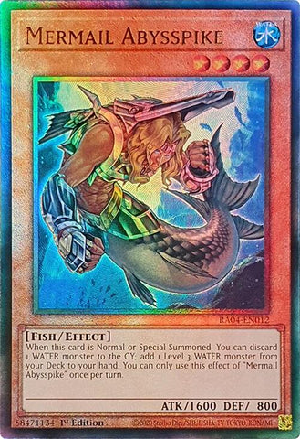 A Prismatic Ultimate Rare "Mermail Abysspike" card from the Yugioh Set: Quarter Century Stampede (RA04).