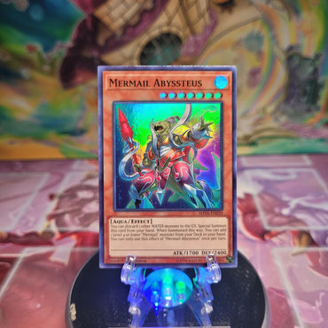 A Super Rare "Mermail Abyssteus" card from the Yugioh Set: Shadows in Valhalla.