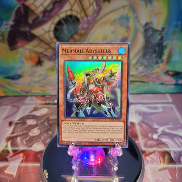 A Super Rare "Mermail Abyssteus" card from the Yugioh Set: Quarter Century Bonanza (RA03).