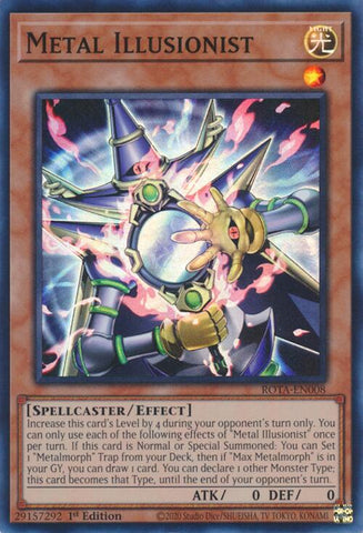 A Super Rare "Metal Illusionist" card from the Yugioh Set: Rage of the Abyss (ROTA).