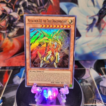 A Super Rare "Metaltron XII, the True Dracombatant" card from the Yugioh Set: Maximum Crisis.