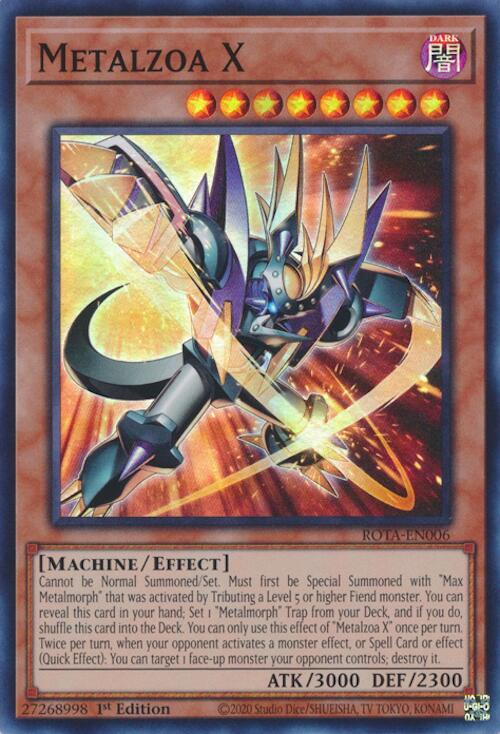 A Super Rare "Metalzoa X" card from the Yugioh Set: Rage of the Abyss (ROTA).