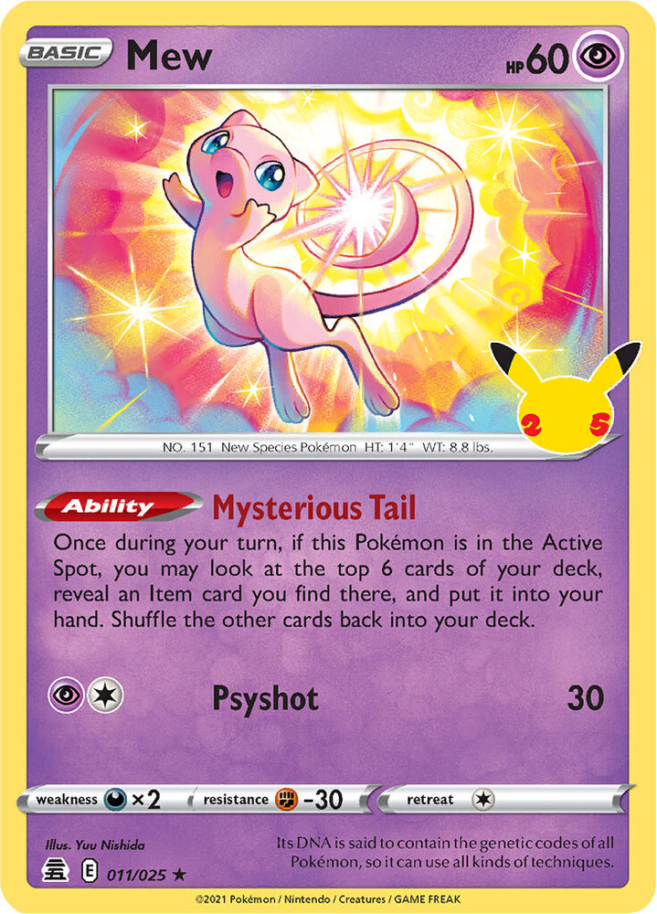 A Holo Rare "Mew" (011/025) card from the Pokemon Set: Sword & Shield: Celebrations.