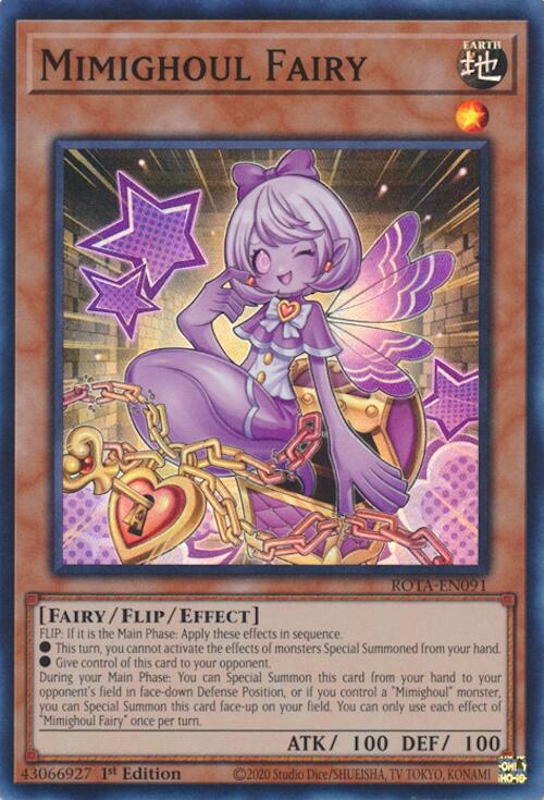A Super Rare "Mimighoul Fairy" card from the Yugioh Set: Rage of the Abyss (ROTA).