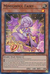 A Super Rare "Mimighoul Fairy" card from the Yugioh Set: Rage of the Abyss (ROTA).