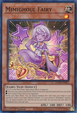 A Super Rare "Mimighoul Fairy" card from the Yugioh Set: Rage of the Abyss (ROTA).