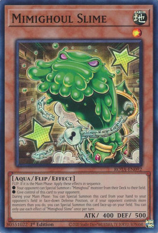A Super Rare "Mimighoul Slime" card from the Yugioh Set: Rage of the Abyss (ROTA).