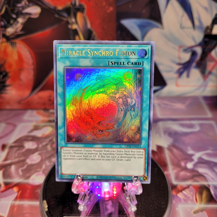 An Ultra Rare "Miracle Synchro Fusion" card from the Yugioh Set: Ghosts From the Past (GFTP).