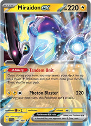 A Double Rare "Miraidon Ex" (081/198) card from the Pokemon set: Scarlet & Violet Base Set (SVI).