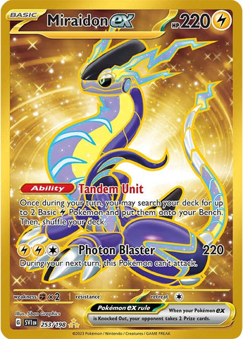 A Secret Rare "Miraidon Ex" (253/198) card from the Pokemon set: Scarlet & Violet Base Set.