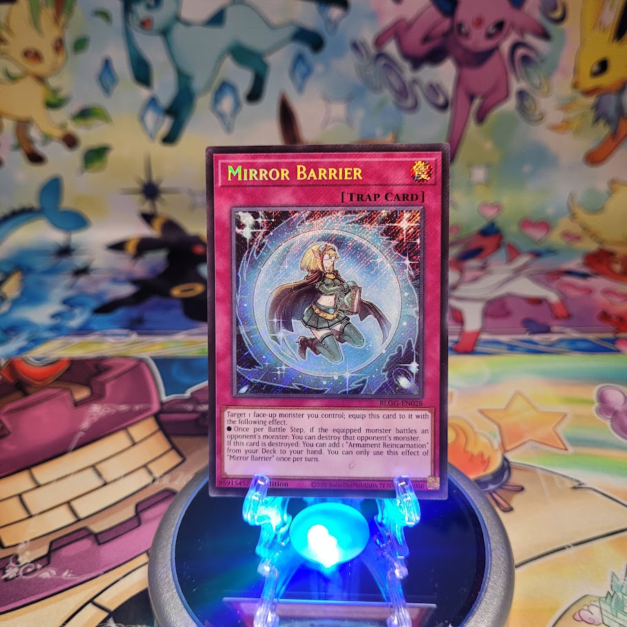 A Secret Rare "Mirror Barrier" card from the Yugioh Set: Battles of Legend: Glorious Gallery (BLGG).