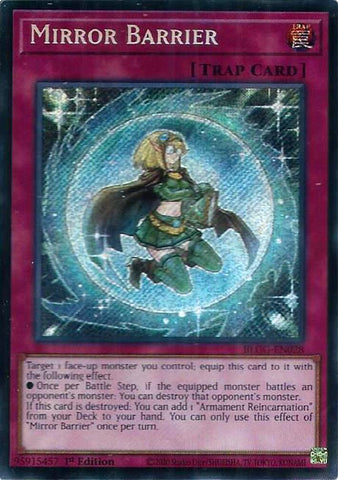 A Secret Rare "Mirror Barrier" card from the Yugioh Set: Battles of Legend: Glorious Gallery (BLGG).