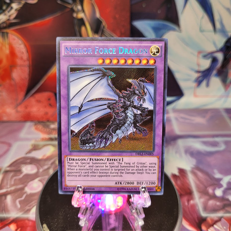 A Secret Rare "Mirror Force Dragon" card from the Yugioh Set: Dragons of Legend 2.