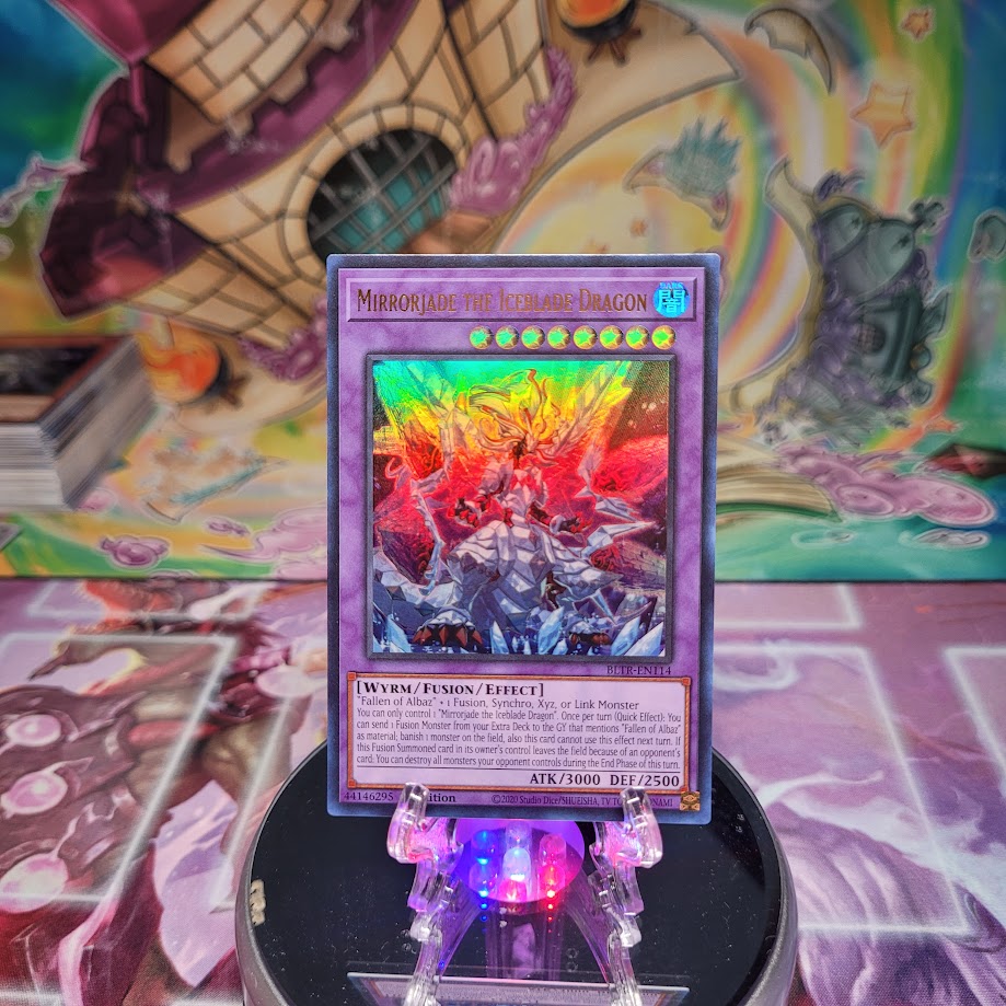 An Ultra Rare "Mirrorjade the Iceblade Dragon" card from the Yugioh Set: Battles of Legend: Terminal Revenge.