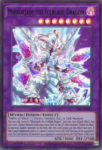 An Ultra Rare "Mirrorjade the Iceblade Dragon" card from the Yugioh Structure Deck: The Fallen & The Virtuous (CH01).