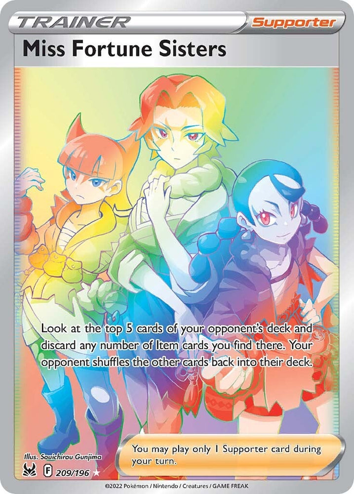A Secret Rare "Miss Fortune Sisters" (209/196) card from the Pokemon Set: Sword & Shield: Lost Origin.