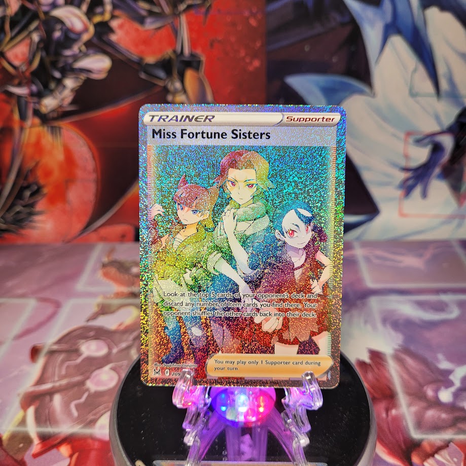 A Secret Rare "Miss Fortune Sisters" (209/196) card from the Pokemon Set: Sword & Shield: Lost Origin.