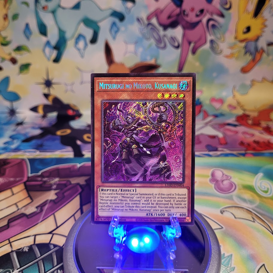 A Secret Rare "Mitsurugi No Mikoto, Kusanagi" card from the Yugioh Legendary Modern Decks (L26D).
