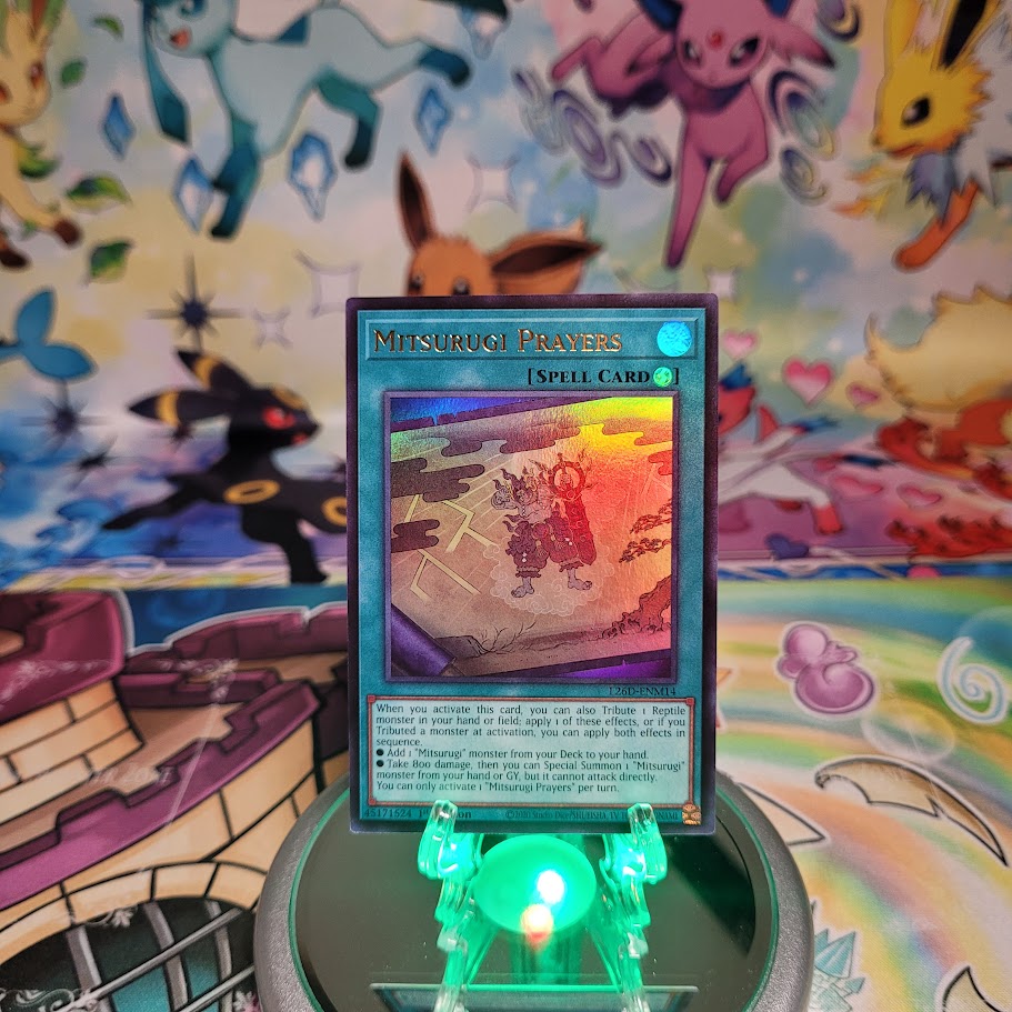 An Ultra Rare "Mitsurugi Prayers" card from the Yugioh Legendary Modern Decks (L26D).