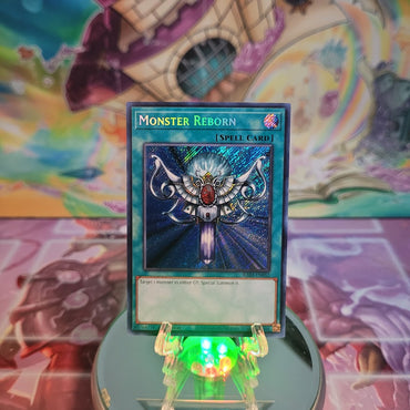 A Secret Rare "Monster Reborn" card from the Yugioh Set: Quarter Century Bonanza (RA03).