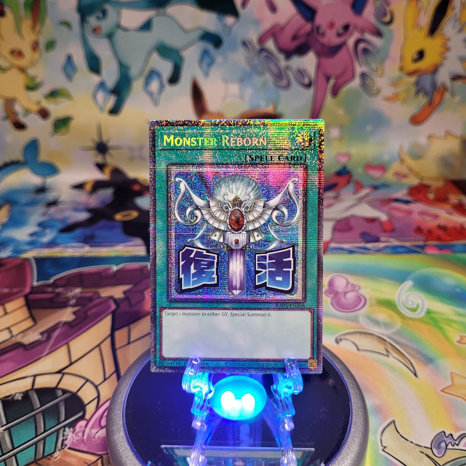A Starlight Rare "Monster Reborn" card from the Yugioh Set: Rarity Collection 5 (RA05).