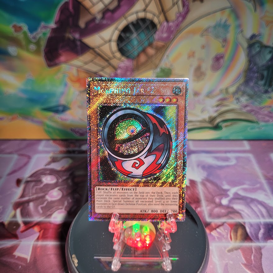 A Platinum Secret Rare "Morphing Jar #2" card from the Yugioh Set: Quarter Century Bonanza (RA03).