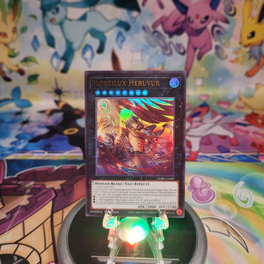 An Ultra Rare “Mortilux Heruvur” card from the Yugioh Set: Chaos Origins (CORI).