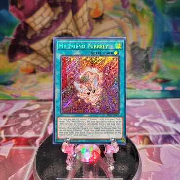 A Secret Rare "My Friend Purrely" card from the Yugioh Set: Rarity Collection 2 (RA02).