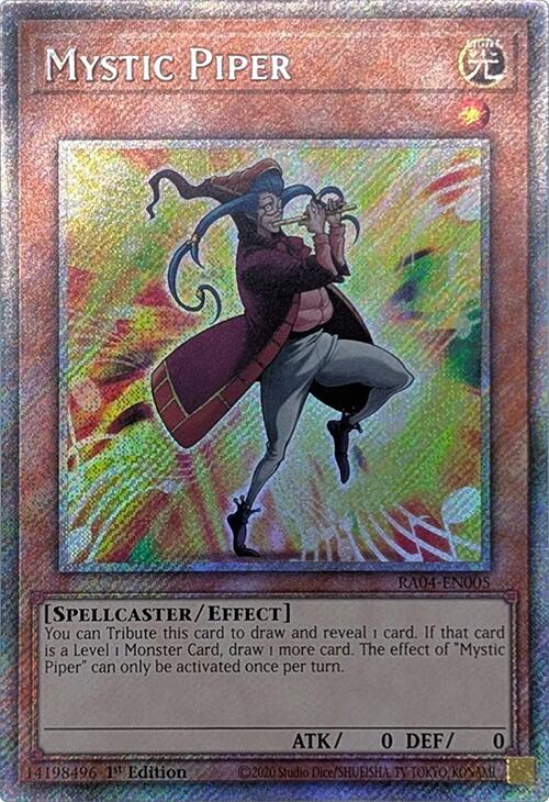 A Platinum Secret Rare "Mystic Piper" card from the Yugioh Set: Quarter Century Stampede (RA04).