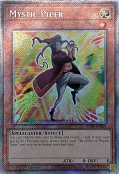 A Platinum Secret Rare "Mystic Piper" card from the Yugioh Set: Quarter Century Stampede (RA04).