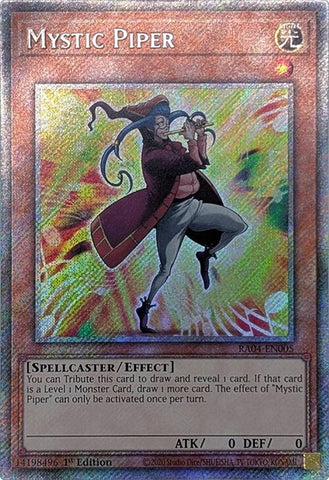 A Platinum Secret Rare "Mystic Piper" card from the Yugioh Set: Quarter Century Stampede (RA04).