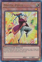 A Prismatic Ultimate Rare "Mystic Piper" card from the Yugioh Set: Quarter Century Stampede (RA04).