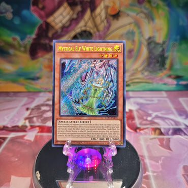A Secret Rare "Mystical Elf White Lightning" card from the Yugioh Set: Legendary Duelists: Season 3 (LDS3).