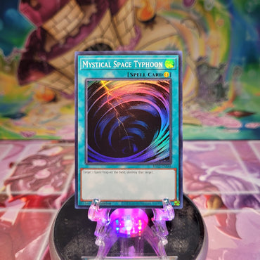 A Super Rare "Mystical Space Typhoon" card from the Yugioh Set: Rarity Collection 2 (RA02).