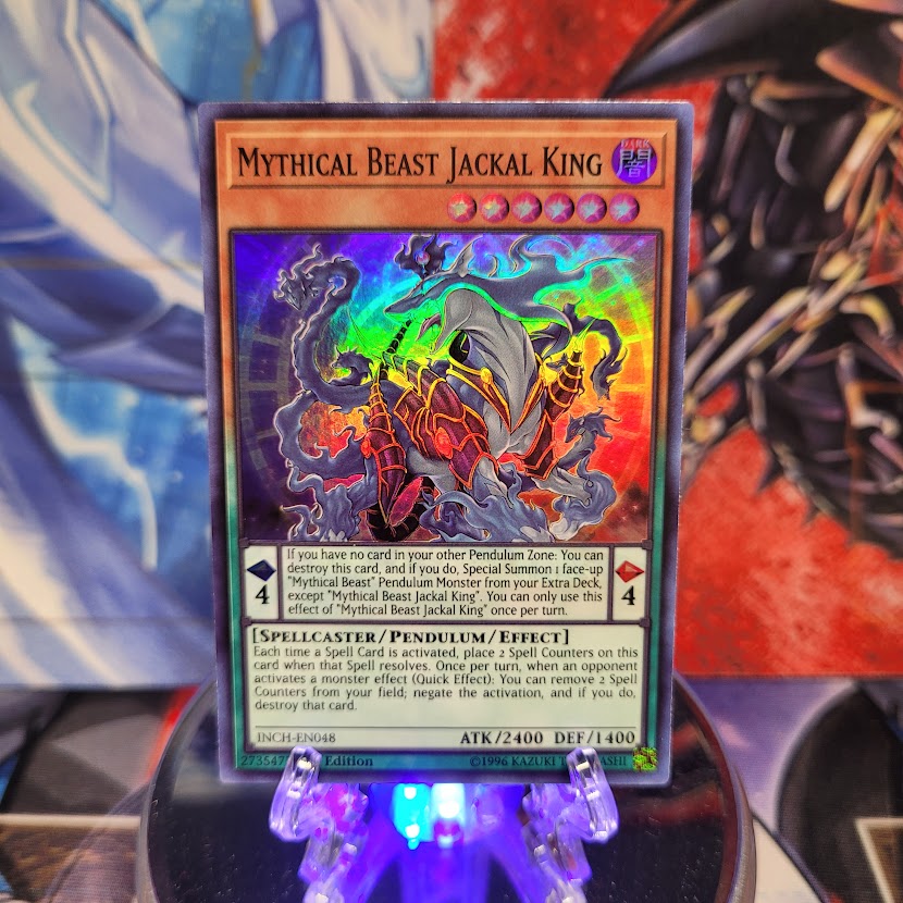  A Super Rare "Mythical Beast Jackal King" card from the Yugioh Set: The Infinity Chasers.