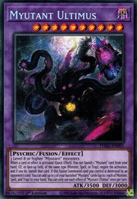 A Secret Rare "Myutant Ultimus" card from the Yugioh Set: Phantom Rage (PHRA).
