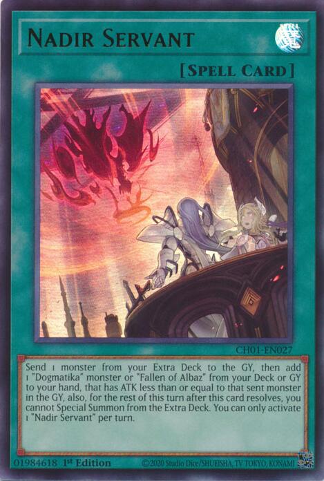 An Ultra Rare "Nadir Servant" card from the Yugioh Structure Deck: The Fallen & The Virtuous (CH01).