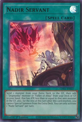 An Ultra Rare "Nadir Servant" card from the Yugioh Structure Deck: The Fallen & The Virtuous (CH01).