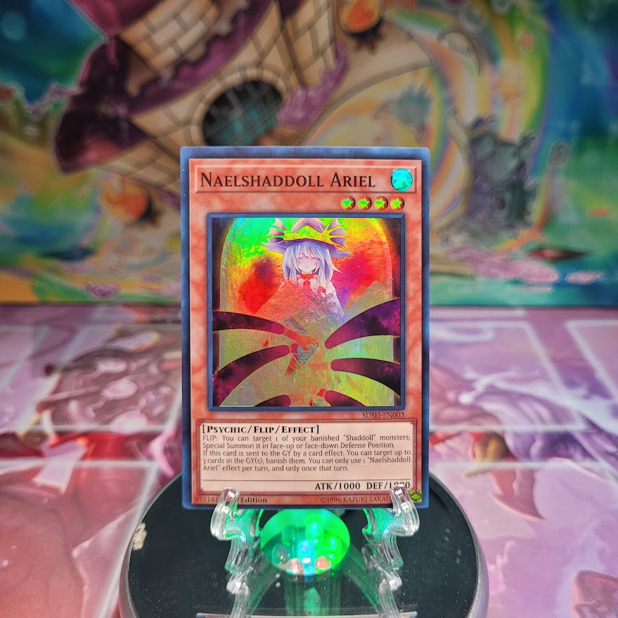 A Super Rare "Naelshaddoll Ariel" card from the Yugioh Structure Deck: Shaddoll Showdown.