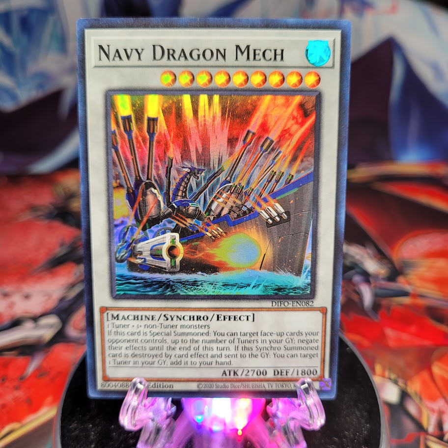  A Super Rare "Navy Dragon Mech" card from the Yugioh Set: Dimension Force.