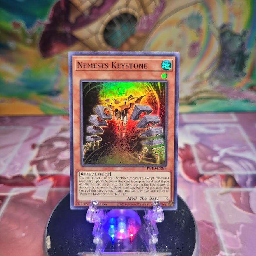 A Super Rare "Nemeses Keystone" card from the Yugioh Set: Rise of the Duelists (ROTD).