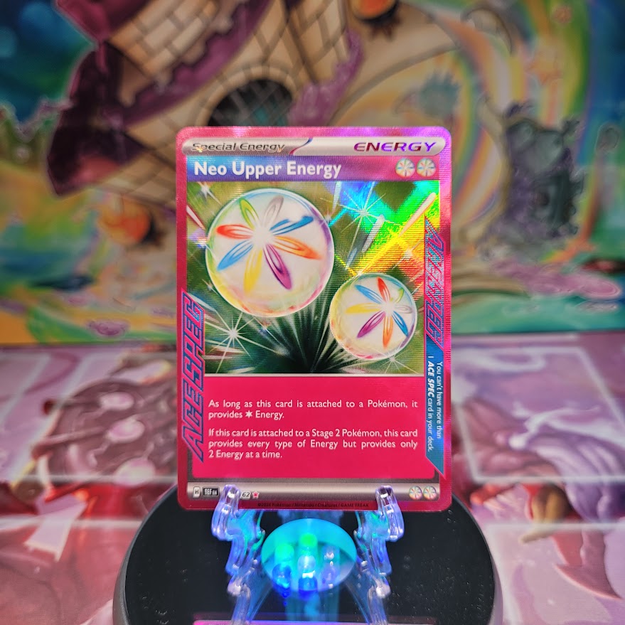 A Rare Ace Ace Spec "Neo Upper Energy" (162/162) card from the Pokemon Set: Scarlet & Violet: Temporal Forces (TEF).
